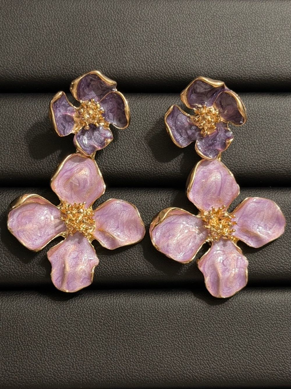 Vintage Elegant Golden Purple Enamel Flower Dangle Drop Statement Earrings
